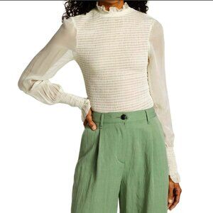 New Rag & Bone Kayden Sheer Smocked Blouse Cream Dove XS $325